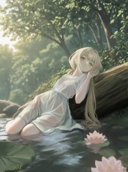 1girl blonde_hair breasts commentary dress empty_eyes english_commentary expressionless forest full_body highres lily_pad log low_twintails medium_dress nature oink_(oinkoinkoi) original river see-through_clothes see-through_dress sitting small_breasts solo tree twintails wet wet_clothes wet_dress white_dress