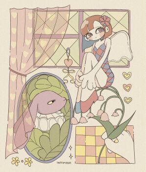 1boy 1girl :o angel_wings animal_ears artist_name bellflower blue_flower blue_leotard blue_shoes brown_hair checkered_leotard collar colored_sclera colored_skin curtains flower flower_on_head frilled_collar frills furry furry_male heart highres jax_(the_amazing_digital_circus) leaf leotard lop_rabbit_ears medieval mismatched_shoes multicolored_eyes multicolored_leotard plant pomni_(the_amazing_digital_circus) purple_skin rabbit_boy rabbit_ears red_flower red_leotard red_shoes see-through_curtains shoes short_hair sitting taffimaya the_amazing_digital_circus two-tone_eyes two-tone_leotard window wings yellow_sclera