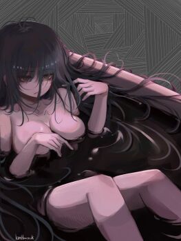 1girl bags_under_eyes bare_legs bare_shoulders bath bathing black_eyes black_hair breasts cleavage collarbone highres hwaryeok large_breasts long_hair nude open_mouth original sitting solo teeth wet_and_messy