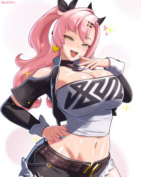 1girl absurdres breasts cleavage detached_sleeves earrings female_focus green_eyes hand_on_own_hip heart highres jewelry large_breasts long_hair looking_at_viewer midriff mika_dawn mole mole_on_breast mole_under_eye nail_polish navel nicole_demara pink_hair solo zenless_zone_zero