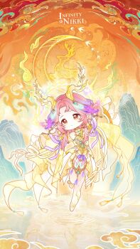 1girl antlers artist_request barefoot_sandals_(jewelry) chibi chinese_clothes chroma's_mortal_heart_(infinity_nikki) commentary copyright_logo crescent deer deer_antlers dress english_commentary expressionless floating frilled_sleeves frills hair_tubes highres horns infinity_nikki lake leg_up logo long_hair long_sleeves mountain nikki_(nikki) nikki_(series) orange_sky outdoors outline outstretched_arm pink_hair purple_ribbon reflection reflective_liquid ribbon ripples short_dress sidelocks sky sleeve_ribbon sleeves_past_fingers sleeves_past_wrists solo white_outline wide_sleeves xiangyun yellow_dress yellow_horns