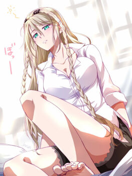 1girl blonde_hair braid breasts cleavage collarbone double-parted_bangs dress_shirt eiyuu_densetsu elaine_auclair green_eyes hair_between_eyes kuro_no_kiseki_(series) large_breasts light_rays long_hair long_sleeves messy_hair on_bed parted_lips shirt shorts sitting sleeves_rolled_up solo sunbeam sunlight twin_braids white_shirt xiacheng_tatsuya