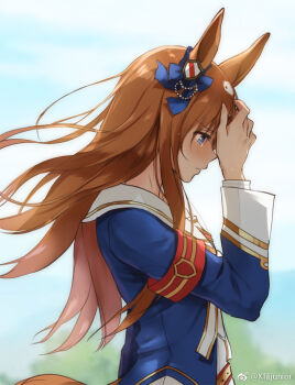 1girl artist_request bad_link blue_eyes blush brown_hair grass_wonder_(stone-piercing_blue)_(umamusume) grass_wonder_(umamusume) hair_ornament horse_girl long_hair long_sleeves shirt tears umamusume white_shirt