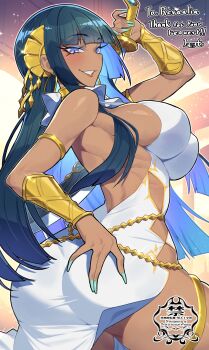 1girl armlet ass backless_dress backless_outfit bilingual_commentary blue_eyeliner blue_eyes blue_hair blunt_bangs breasts commentary commission cowboy_shot dark-skinned_female dark_skin dress english_commentary eyeliner gold_thighlet highres holding holding_weapon jewelry large_breasts long_hair looking_at_viewer makeup matsumoto_tomoyohi mixed-language_commentary original sideboob skeb_commission sleeveless sleeveless_dress smile solo thighlet weapon white_dress