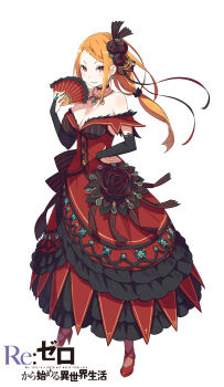 1girl absurdres bare_shoulders black_bridal_gauntlets black_choker black_flower black_rose braid braided_bangs breasts bridal_gauntlets choker cleavage commentary_request copyright_name dress earrings english_text flower folding_fan full_body hair_flower hair_ornament hand_fan hand_on_own_hip high_heels highres holding holding_fan jewelry lace-trimmed_choker lace_trim large_breasts layered_dress long_hair long_sidelocks looking_at_viewer low-tied_long_hair off-shoulder_dress off_shoulder official_art ootsuka_shin&#039;ichirou orange_hair pantyhose parted_lips priscilla_barielle re:zero_kara_hajimeru_isekai_seikatsu red_dress red_eyes red_shoes ring rose shoes sidelocks simple_background single_braid smile solo standing tachi-e teardrop_earrings teeth title white_background