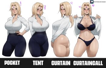 ! 1girl ? absurdres anger_vein ass black_bra black_panties black_pants blonde_hair blouse bra breasts brown_eyes cleavage collared_shirt commentary contemporary cropped_legs curtain_call_challenge_(meme) dress_shirt echo_saber english_commentary english_text hand_on_own_hip heart high-waist_pants highres huge_breasts linea_alba lips low_ponytail mature_female medium_hair meme multiple_views naruto_(series) no_pants open_clothes open_shirt panties pants plunging_neckline ponytail shirt shirt_tucked_in taut_clothes taut_shirt tented_shirt thick_thighs thighs tsunade_(naruto) underwear undressing variations white_shirt