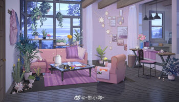 armchair battery blender_(object) book bowl cactus calla_lily camera carnation chair clothes_rack cloud coffee_table couch counter crumpled_paper cup cushion door electric_kettle fairy_lights flower gerbera hanging_light hanging_plant hanxiaodan indoors jacket kettle living_room lovebrush_chronicles magazine_(object) marigold mobile no_humans official_art open_book photo_(object) pink_flower plant potted_plant rug scenery shelf single-lens_reflex_camera small_stellated_dodecahedron tabard table teacup tongs tray twilight unworn_jacket vase video_camera watermark weibo_watermark white_flower window wooden_floor yellow_flower