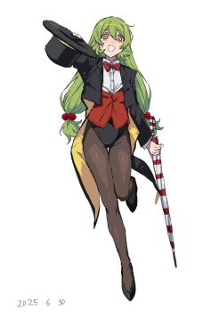 Rule 34 | 1girl, beads, black coat, black leotard, bow, bowtie, clothing request, coat, fang, green hair, hair beads, hair ornament, hat, holding, holding umbrella, kufufu kekerakera, leotard, long hair, looking at viewer, open mouth, pantyhose, red bow, shy (series), simple background, takatisakana, top hat, umbrella, unworn headwear, white background, yellow eyes