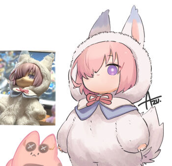 2girls animal_ears artist_name azu_(kirara310) bodysuit chest_ribbon chibi cosplay cowboy_shot fake_tail fate/grand_order fate_(series) fou_(fate) fou_(fate)_(cosplay) habetrot_(fate) hair_over_one_eye mash_kyrielight medium_hair meme multiple_girls official_alternate_costume photo-referenced photo_inset pink_hair pink_ribbon purple_eyes ribbon smile tail upward_angle_frieren_drawing_(meme)