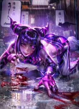 1girl all_fours black_hair blood breasts cat commentary commission crop_top english_commentary fingerless_gloves gloves hair_horns han_juri highres looking_at_viewer medium_breasts outdoors pants pink_eyes rain reflection reflective_liquid second-party_source sizna_(sangrde) smile solo spiked_gauntlets street_fighter street_fighter_iv_(series) white_pants
