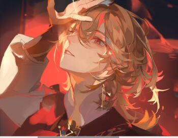 1boy arm_up blonde_hair capelet commentary genshin_impact hair_between_eyes highres kaveh_(genshin_impact) liulianjingrua long_hair long_sleeves looking_up male_focus parted_lips solo symbol-only_commentary upper_body