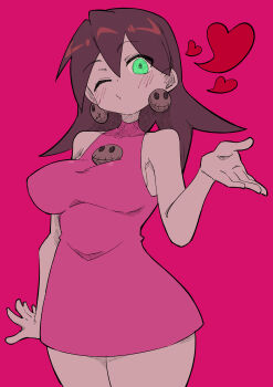 Rule 34 | 1girl, absurdres, bare shoulders, blowing kiss, breasts, brooch, brown hair, buzzlyears, cowboy shot, dress, earrings, glowing, glowing eyes, green eyes, highres, jewelry, large breasts, looking at viewer, medium hair, mega man (series), mega man legends (series), one eye closed, pink background, pink dress, short dress, skull brooch, skull earrings, sleeveless, sleeveless dress, tron bonne (mega man), wink