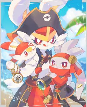 :q artist_name bandana blurry bright_pupils cinderace cinderace_(captain) closed_mouth clothed_pokemon cloud coat commentary_request compass day evolutionary_line framed gen_8_pokemon glint hat heart holding izobe looking_at_viewer nintendo orange_bandana outdoors pirate_hat poke_ball_print pokemon pokemon_(creature) pokemon_unite raboot red_eyes scorbunny sky smile spyglass tongue tongue_out water_drop white_pupils