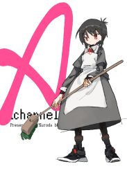 Rule 34 | 1girl, a channel, antenna hair, apron, black footwear, black hair, black pantyhose, blush, broom, closed mouth, commentary request, copyright name, creator name, dress, full body, funao oekaki, glaring, grey dress, holding, holding broom, ichii tooru, layered sleeves, long sleeves, looking at viewer, maid, neck ribbon, pantyhose, red eyes, red ribbon, ribbon, shoes, short hair, short over long sleeves, short sleeves, simple background, sneakers, solo, standing, two-handed, v-shaped eyebrows, white apron, white background
