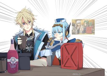 1boy 1girl android anime_screenshot_inset aqua_jacket artist_name black_shirt blonde_hair blue_eyes blue_hair blue_hat cup drinking genshin_impact gintama hair_bun hair_ornament hat highres holding holding_cup ineffa_(genshin_impact) jacket jerry_can looking_at_another parody reiu_(rriuette) robot_ears robot_girl sakata_gintoki shirt short_sleeves sleeveless sleeveless_jacket tama_(gintama) twitter_username varka_(genshin_impact) voice_actor_connection