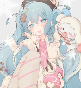 >_< 1girl animal apron aqua_eyes aqua_hair blue_bow blue_dress blue_eyes blue_hair blue_sleeves blush bow bowtie brown_hat commentary_request detached_sleeves donut dress dress_bow food food-themed_clothes food-themed_hat_ornament frilled_apron frills fur-trimmed_dress fur-trimmed_sleeves fur_trim hair_between_eyes hair_ornament hat hat_ornament hatsune_miku highres long_hair long_sleeves looking_at_viewer necktie nekonika_(e102k) official_alternate_costume official_alternate_hairstyle open_mouth pantyhose pink_necktie puffy_sleeves rabbit_yukine short_sleeves snowflake_print striped_clothes striped_pantyhose twintails two-tone_sleeves very_long_hair vocaloid wavy_hair white_apron yuki_miku yuki_miku_(2026)
