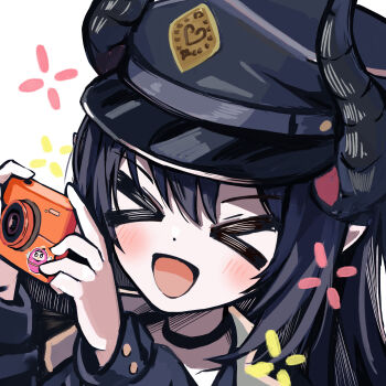 &gt;_&lt; 1girl :d absurdres black_choker black_hair black_hat black_horns blue_archive blush camera chiaki_(blue_archive) choker commission demon_girl demon_horns dutch_angle facing_viewer hair_between_eyes hands_up happy hat heart highres horns long_hair long_sleeves open_mouth peaked_cap pointy_ears portrait sidelocks simple_background skeb_commission smile solo thomason366 white_background xd