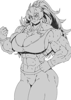 Rule 34 | 1girl, abs, bare shoulders, barghest (fate), biceps, breasts, cleavage, commentary request, fate/grand order, fate (series), greyscale, high ponytail, horns, huge breasts, korean commentary, long hair, looking at viewer, minew, monochrome, muscular, muscular female, navel, pants, ponytail, solo, sports bra, sweat, thick thighs, thighs, wristband, yoga pants