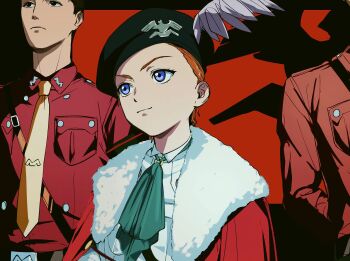 1girl 2boys amikoiiko arms_behind_back ascot belt belt_buckle beret bird black_background black_belt breast_pocket brown_hair buckle cape closed_mouth commentary dress_shirt eagle facing_to_the_side green_ascot green_hat guard gundam gundam_wing hat hat_feather highres initial light_smile mariemaia_khushrenada multiple_boys necktie orange_hair pink_cape pocket portrait purple_eyes red_background red_shirt shirt short_hair shoulder_belt upper_body white_shirt yellow_necktie