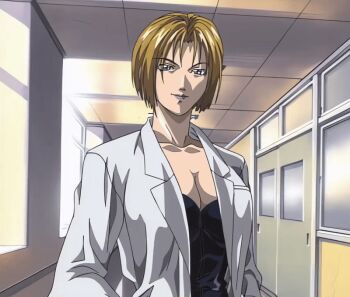 1girl 2001 animated animated_gif bible_black bible_black_night_of_the_walpulgiss blonde_hair blue_eyes breasts kitami_reika lab_coat large_breasts lipstick makeup nurse short_hair tagme window witch