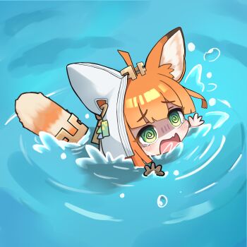 Rule 34 | 1girl, absurdres, animal ear fluff, animal ears, arknights, blush, cat ears, cat girl, cat tail, commentary, crying, crying with eyes open, ear covers, english commentary, fang, green eyes, highres, in water, meme, open mouth, orange hair, papyrus (arknights), photo-referenced, shaded face, single ear cover, skin fang, solo, tail, tears, th3cr0ma