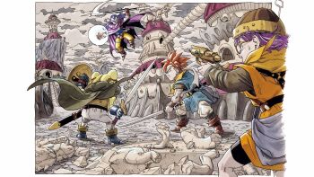 1girl 3boys absurdres baggy_pants blue_tunic boots brown_boots cape chrono_trigger crono_(chrono_trigger) frog_(chrono_trigger) frog_boy glasses green_cape gun handgun highres holding holding_gun holding_scythe holding_shield holding_sword holding_weapon lucca_ashtear magus_(chrono_trigger) multiple_boys non-web_source official_art orange_tunic pants pointy_ears purple_cape purple_hair red_hair scythe shield spiked_hair sword toriyama_akira tunic weapon white_pants