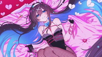 1girl animal_ear_hairband animal_ears arm_wrap bare_shoulders black_gloves black_hair black_leotard blue_bow blue_bowtie blue_eyes blue_hair bow bowtie breasts broken_heart brown_pantyhose bunny_day cleavage collar colored_inner_hair cuffs detached_collar fake_animal_ears fishnet_pantyhose fishnets gloves hair_ornament hairband handcuffs heart highres indie_virtual_youtuber large_breasts leotard long_hair looking_at_viewer multicolored_hair o-ring pantyhose parted_lips pink_ribbon playboy_bunny rabbit_ear_hairband rabbit_ears ribbon second-party_source seol_(teacuppity)_(vtuber) single_handcuff smile solo tsu_(lovesick1964) very_long_hair virtual_youtuber white_collar white_hairband white_pantyhose x_hair_ornament