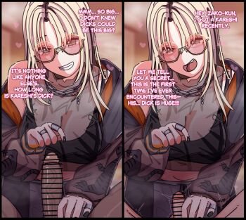 1boy 1girl ^^^ aqua_eyes bar_censor black_nails blonde_hair breasts censored clothed_female_nude_male curtained_hair english_text glasses hololive jacket jewelry koganei_niko koganei_niko_(1st_costume) large_breasts large_penis long_hair multicolored_hair necklace ntr5304 nude open_mouth orange-tinted_eyewear penis penis_grab penis_size_difference pov see-through_tank_top small_penis smile straight_hair sunglasses tinted_eyewear two-tone_hair virtual_youtuber