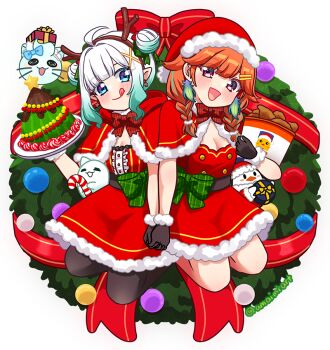 2girls alternate_costume amaimi black_pantyhose blue_eyes commentary densetsu.exe dress english_commentary fur-trimmed_dress fur-trimmed_gloves fur-trimmed_headwear fur_trim gloves gradient_hair green_hair hat hololive hololive_english looking_at_viewer mint_fantome multicolored_hair multiple_girls orange_hair pantyhose pointy_ears purple_eyes red_dress red_gloves red_hat smile takanashi_kiara tongue tongue_out virtual_youtuber white_hair wisps_(mint_fantome)