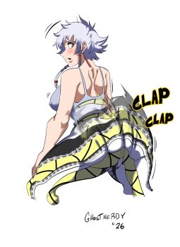 Rule 34 | 1girl, afterimage, artist name, ass shake, bare shoulders, bleach, breasts, earrings, english text, female focus, ghostnerdy, grey hair, hands on own thighs, jewelry, kotetsu isane, large breasts, light blush, motion lines, pants, short hair, sidelocks, simple background, tank top, twerking, white background