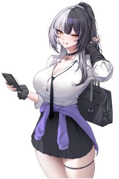 1girl :d absurdres arm_warmers bag black_collar black_hair black_nails black_skirt bra bra_peek breasts button_gap cellphone center-flap_bangs cleavage clothes_around_waist collar collared_shirt commentary cowboy_shot double-parted_bangs grey_hair grin hair_ornament hairclip hand_up highres holding holding_bag holding_phone hololive hololive_english jacket jacket_around_waist large_breasts long_hair looking_at_viewer loose_necktie miniskirt mintz912 multicolored_hair nail_polish necktie open_mouth pendant_collar phone pleated_skirt ponytail purple_jacket school_bag school_uniform scrunchie shiori_novella shirt shirt_tucked_in sidelocks simple_background single_arm_warmer skirt smartphone smile solo split-color_hair striped_arm_warmers thigh_strap three-quarter_sleeves two-tone_hair underwear virtual_youtuber white_background white_shirt wrist_scrunchie yellow_eyes