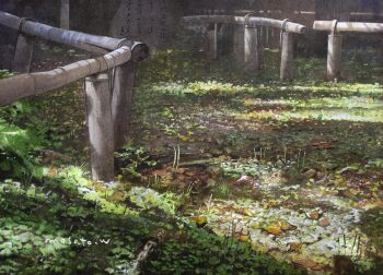 branch commentary_request day fence grass leaf no_humans original outdoors painting_(medium) scenery stone_tablet sunlight traditional_media watanabe_masato watercolor_(medium) wooden_fence
