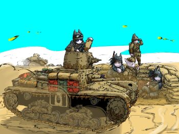 5boys bolt_action cat_boy caterpillar_tracks desert goggles goggles_on_headwear gun highres jerry_can machine_gun military_vehicle motor_vehicle multiple_boys original sandbag soldier tank vehicle_focus vehicle_request weapon yabarn