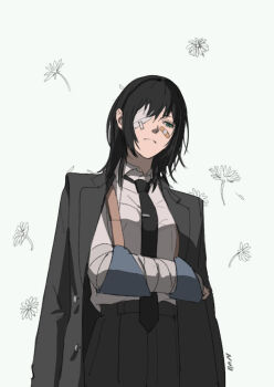arm_cast arm_sling bandaid bandaid_on_face black_hair black_jacket black_necktie black_pants buttons cast chainsaw_man choppy_bangs collared_shirt commentary_request cowboy_shot floral_background formal_clothes from_below green_eyes himeno_(chainsaw_man) jacket jacket_on_shoulders medium_hair necktie null_(skev7724) open_clothes open_jacket pants shirt sidelocks straight_hair tie_clip white_background white_shirt