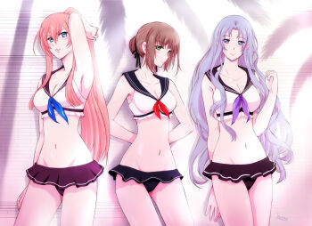 3girls bikini bikini_skirt blue_eyes brown_hair coconut_tree curly_hair duvalie eiyuu_densetsu ennea_(eiyuu_densetsu) falcom green_eyes hajimari_no_kiseki ines_(eiyuu_densetsu) long_hair looking_at_viewer multiple_girls palm_tree pink_hair ponytail sailor_bikini sailor_collar short_hair sidelocks signature skirt smile standing swimsuit tree underwear xiacheng_tatsuya