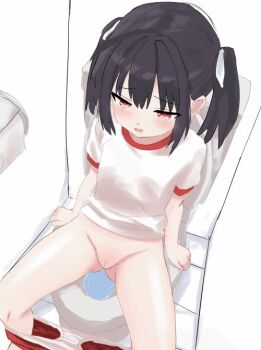 1girl animated animated_gif arm_support barefoot bathroom black_hair blush clothes_pull flat_chest from_above gym_uniform hair_ribbon loli long_hair looking_down open_mouth orange_eyes original panties panty_pull peeing pussy red_ribbon red_shorts ribbon shafunomin shirt short_sleeves shorts shorts_pull sitting spread_legs toilet toilet_paper toilet_use twintails uncensored underwear white_panties white_shirt