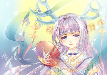 Rule 34 | 1girl, 2018, above-cleavage cutout, absurdres, antlers, braid, bug, butterfly, closed mouth, clothing cutout, collar, collarbone, dated, day, deer antlers, deer of net moon (miracle nikki), detached collar, detached sleeves, eyelashes, eyeshadow, frilled sleeves, frills, ginkgo leaf, hagoromo, hair intakes, hand fan, happy, highres, holding, holding fan, horns, insect, leaf, light blush, light particles, lipstick, long hair, makeup, miracle nikki, muriel miaoke, nikki (series), outdoors, pink eyeshadow, pink lips, purple eyes, purple hair, purple hanfu, purple ribbon, ribbon, shawl, side braids, signature, sleeve ribbon, smile, solo, sun, tuanshan, twin braids, upper body, very long hair, white collar, white sleeves