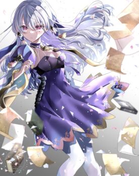 1girl blush book breasts choker cleavage closed_mouth commentary_request dress fire_emblem fire_emblem:_three_houses hair_ornament long_hair long_sleeves looking_at_viewer lysithea_von_ordelia lysithea_von_ordelia_(timeskip) nintendo pantyhose paper pink_eyes purple_choker purple_dress purple_veil small_breasts solo veil white_hair white_pantyhose yuyu_(spika)