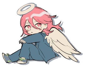 1boy angel angel_devil_(chainsaw_man) angel_wings blush_stickers chainsaw_man closed_mouth commentary_request double-parted_bangs formal_clothes frown full_body grey_jacket grey_pants grey_suit hair_behind_ear hair_between_eyes halo invisible_chair jacket layered_sleeves long_sleeves looking_to_the_side male_focus medium_hair open_clothes open_jacket pants red_eyes red_hair shirt shoelaces shoes sideways_glance simple_background sitting sneakers solo suit suit_jacket uzura_syouyu white_background white_shirt white_wings wings