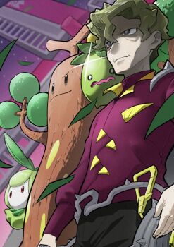 1boy black_pants blurry blurry_background brassius_(pokemon) bright_pupils closed_mouth commentary_request falling_leaves gen_2_pokemon gen_5_pokemon green_hair grey_eyes jacket leaf long_sleeves male_focus mon!_(monmonlezard) nintendo pants petilil pokemon pokemon_(creature) pokemon_sv purple_jacket short_hair smoliv sudowoodo whip