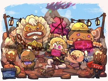 5boys addiction animal_print arm_hair armlet belt blonde_hair blue_eyes blue_sky championship_belt clenched_teeth eating facial_hair fur-trimmed_jacket fur_trim glowing glowing_eyes goatee goron hair_down hard_hat helmet highres jacket jewelry link lizard luchador_mask mask mind_control multiple_boys mxyx0321 neckerchief nintendo pink_eyes pink_neckerchief pointy_ears purple_neckerchief sitting sky sleeveless sleeveless_jacket tearing_up teeth the_legend_of_zelda the_legend_of_zelda:_tears_of_the_kingdom volcano white_hair yellow_helmet yunobo