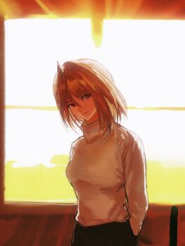 Rule 34 | 1girl, arcueid brunestud, ashashio, backlighting, black skirt, blonde hair, bloom, chinese commentary, commentary request, cowboy shot, head tilt, highres, light smile, long sleeves, overexposure, red eyes, shirt, short hair, skirt, sunlight, tsukihime, white shirt, window