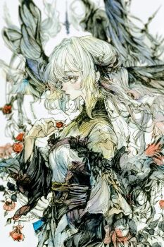 1girl 7na5go blurry blurry_background cowboy dress flower frills from_side highres holding leaf lineart looking_to_the_side original rose short_hair solo western white_dress white_hair