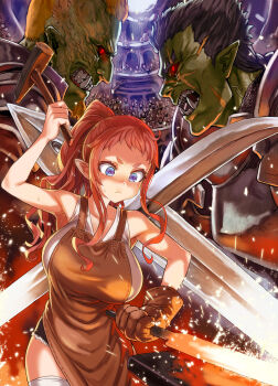 1girl 2boys anvil arena armor armpits asanagi bash_(orc_eiyuu_monogatari) black_sclera blacksmith blonde_hair blue_eyes breasts clenched_teeth colored_sclera colored_skin cover cover_image cover_page crowd donzoi_(orc_eiyuu_monogatari) duel dwarf facial_hair gloves glowing glowing_eye goatee green_skin hammer highres holding holding_hammer large_breasts long_hair multiple_boys novel_cover official_art orc orc_eiyuu_monogatari pointy_ears primera_(orc_eiyuu_monogatari) red_eyes red_hair scar scar_across_eye scar_on_face scar_on_nose shirt sleeveless sleeveless_shirt sparks sweat sword tank_top teeth tusks v-neck weapon