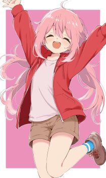 1girl \o/ ^_^ ahoge arms_up azumawari_(azumofu) blue_socks blush border brown_shorts closed_eyes commentary_request facing_viewer highres jacket kagamihara_nadeshiko long_hair long_sleeves open_clothes open_jacket open_mouth outside_border outstretched_arms pink_hair red_jacket shirt shoes shorts simple_background smile socks solo teeth upper_teeth_only white_border white_shirt yurucamp