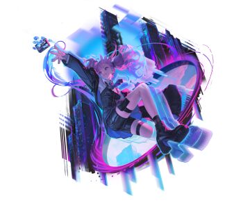 1girl ankle_boots black_boots black_coat black_dress black_socks blue_eyes blue_necktie boots building coat collared_shirt dress echoes_of_vision floating_hair from_below full_body grin hair_ornament highres holster jumping leg_up long_sleeves looking_to_the_side necktie official_art outstretched_arms pink_hair ponytail portal_(object) scheele_(echoes_of_vision) shirt short_dress short_hair short_shorts shorts shorts_under_dress smile socks solo thigh_holster throwing transparent_background turning_head white_shirt x_hair_ornament zipper_dress