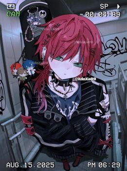 1boy alternate_costume artist_name black_gloves black_jacket charm_(object) choker commentary dated ear_piercing fingerless_gloves foreshortening full_body gloves graffiti green_eyes hair_between_eyes hair_ornament hairclip hand_on_own_arm highres instrument_case instrument_case_on_back jacket jewelry lauren_iroas long_hair long_sleeves looking_at_viewer male_focus multiple_rings necktie nijisanji parted_lips piercing ponytail punk red_hair ring side_ponytail solo spiked_choker spikes symbol-only_commentary virtual_youtuber xdoxa89