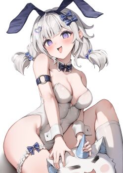 Rule 34 | 1girl, absurdres, ahoge, animal ears, arm strap, arnyang (ayatsuno yuni), ayatsuno yuni, black bow, black bowtie, blush, bow, bowtie, breasts, cleavage, collar, commentary request, creature, cross-shaped pupils, detached sleeves, fake animal ears, frilled thigh strap, hair bow, hair ornament, heart, heart hair ornament, highres, kneehighs, korean commentary, large breasts, leotard, multiple hair bows, o-ring, o-ring arm strap, open mouth, playboy bunny, purple eyes, rabbit ears, shiriaru (jjonaeng), simple background, sitting, socks, stellive, symbol-shaped pupils, thigh strap, twintails, virtual youtuber, white background, white collar, white hair, white leotard, white socks, white wrist cuffs, wrist cuffs