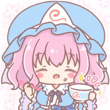 Rule 34 | 1girl, :d, ^ ^, blue bow, blue hat, blue kimono, blush stickers, bow, bowl, breasts, chibi, chopsticks, closed eyes, commentary request, facing viewer, floral background, food, food on face, hat, highres, holding, holding bowl, holding chopsticks, japanese clothes, kimono, large breasts, long sleeves, mitarashi neko, mob cap, notice lines, open mouth, pink hair, ribbon-trimmed sleeves, ribbon trim, saigyouji yuyuko, smile, solo, sparkle, touhou, triangular headpiece, wide sleeves