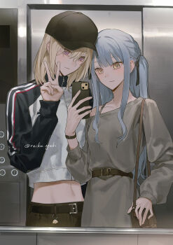 2girls absurdres bag bang_dream! bang_dream!_it&#039;s_mygo!!!!! baseball_cap belt black_belt black_hat blonde_hair blue_hair bracelet brown_bag cellphone character_charm charm_(object) closed_mouth crop_top dress elevator grey_dress hair_between_eyes hat highres holding holding_phone jewelry lingjiu_yuki long_hair long_sleeves medium_hair midriff mirror_selfie misumi_uika multicolored_hair multiple_girls navel phone purple_eyes selfie shoulder_bag sidelocks single_off_shoulder smartphone togawa_sakiko two-tone_hair v